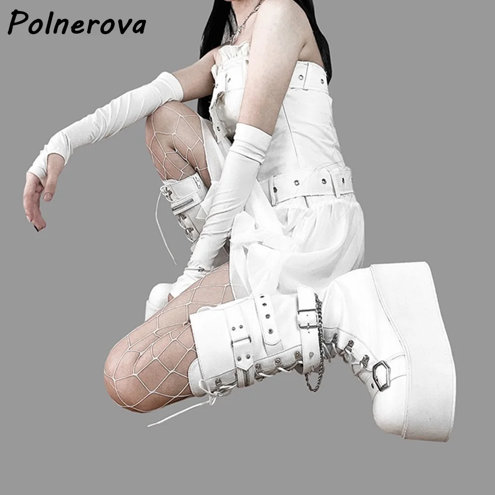 Black Platform Metal Chain Boots Buckle Strap Cross Tied Lace Up Leather Fashion Shoes Women's Winter Fashion Dark Punk Shoes view 6