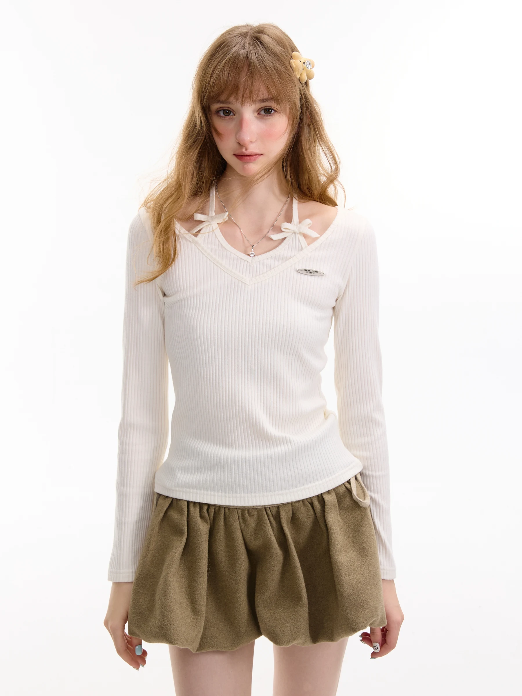 

Женская трикотажная футболка ZiziFei с длинным рукавом, с завязками на шее, облегающая, базовая, белая, повседневная, осенне-зимняя