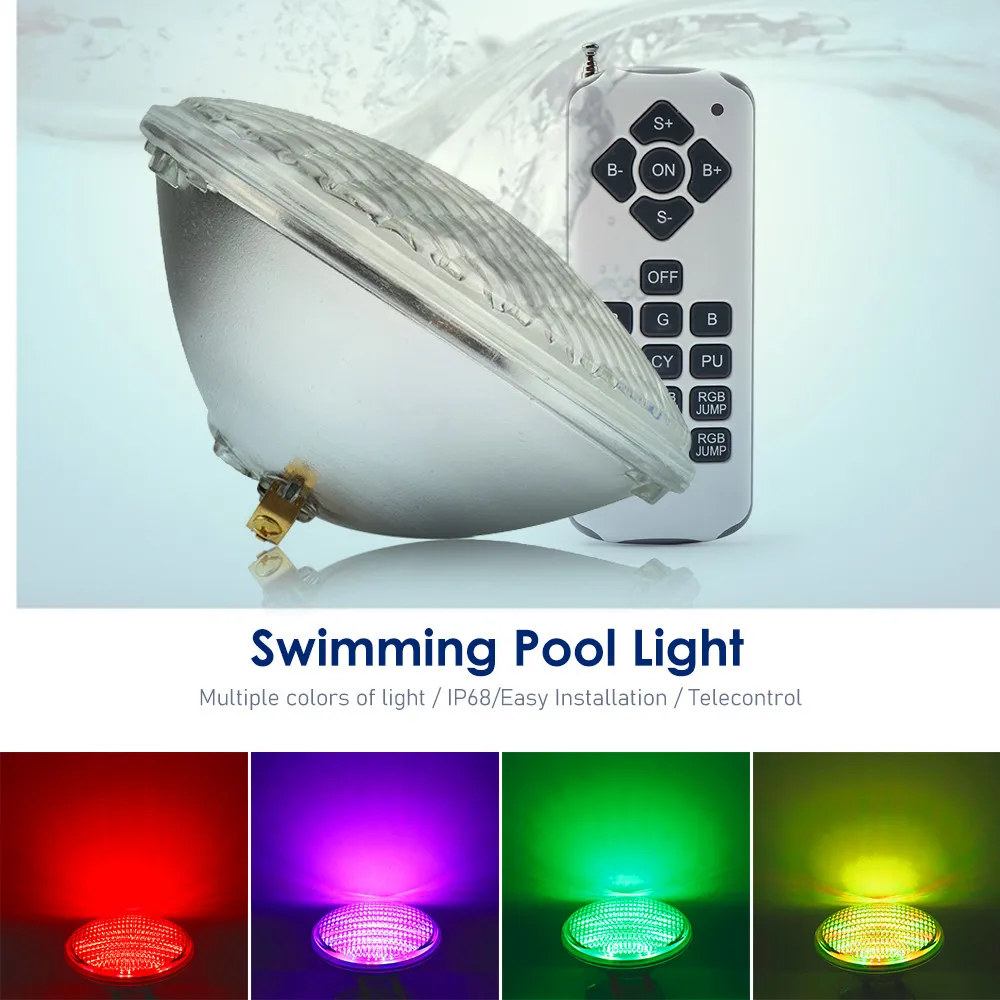 Luz submersível LED com controle remoto, lâmpada subaquática RGB, luz de piscina, multi cor, ao ar livre, AC12, IP68, PAR56