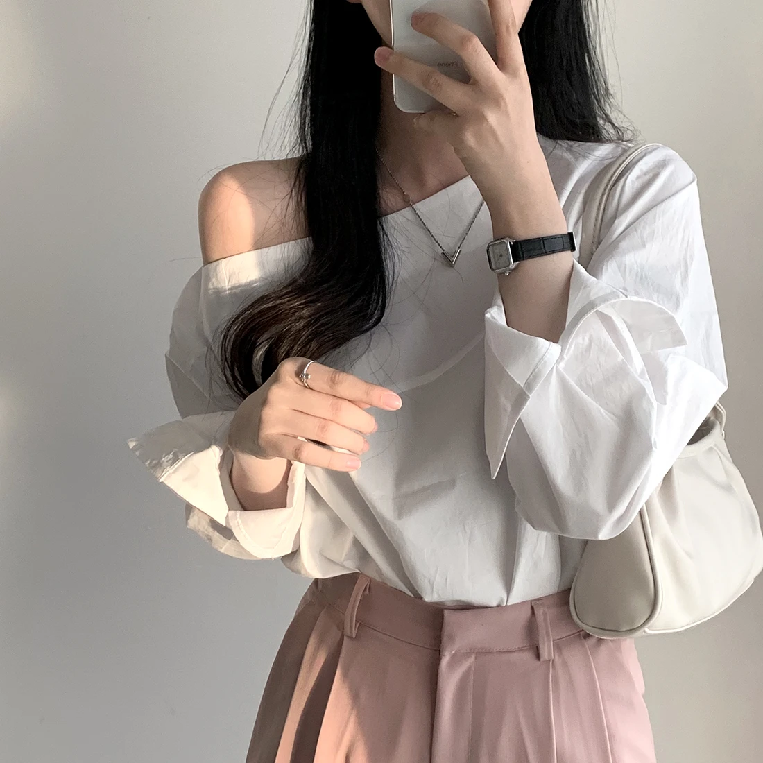 Korean Style Chic Off-Shoulder Loose Shirt All-match Versatile Lantern Long Sleeve Blouse Spring White Tops Blusas Mujer De Moda