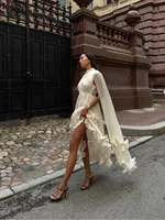 Solid Multi-layer Ruffled Maxi Dress Women Elegant Sleeveless Off-shoulder High Waist Dresses Lady New Chic Vacation Party Gowns - Image 3