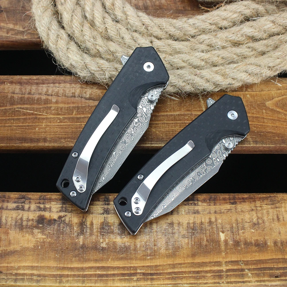 높은 경도 60HRC 다마스커스 접이식 칼 군사 전술 칼 탄소 섬유 손잡이 원래 야외 사냥 칼 잭나이프