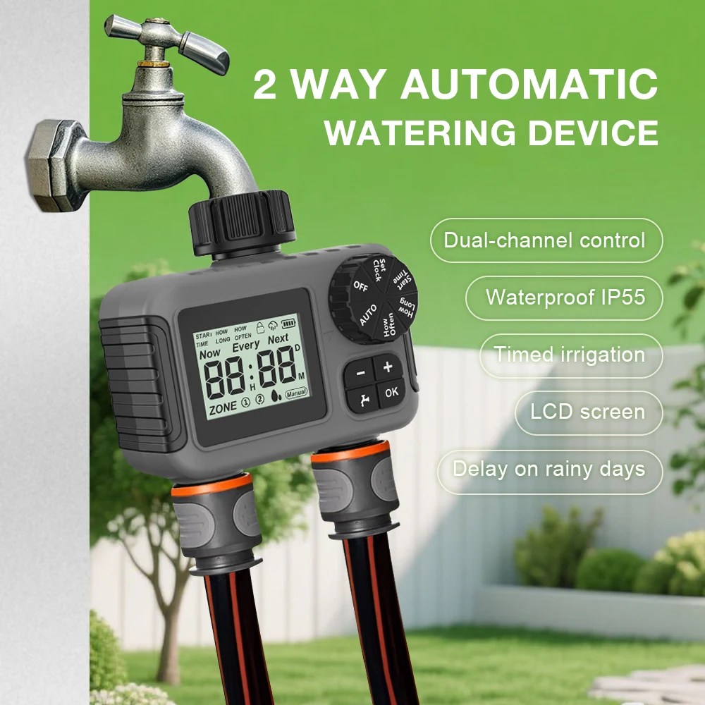 Mini Digital Irrigation Timer Automatic 2-way Timer 3/4 Inch Thread Sprinkler Timer IPX5 Water Timer for Garden Greenhouse
