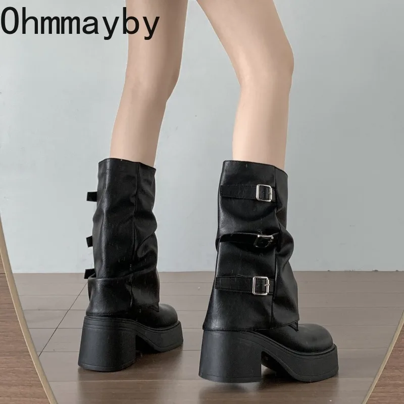 الخريف الشتاء منصة سميكة وحيد النساء الأنابيب الأحذية موضة الانزلاق على فستان أحذية السيدات أنيقة الارتفاع زيادة منتصف العجل الجوارب