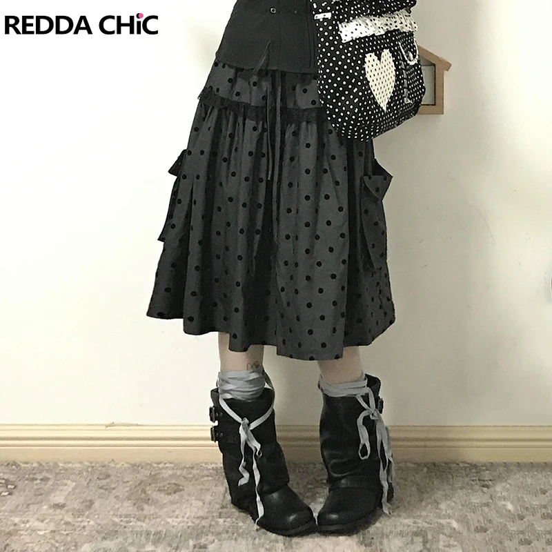 

ReddaChic женская юбка-карго в горошек в стиле ретро, серая кружевная юбка с рюшами и эластичными карманами на талии, длинная юбка Acubi, модная одежда