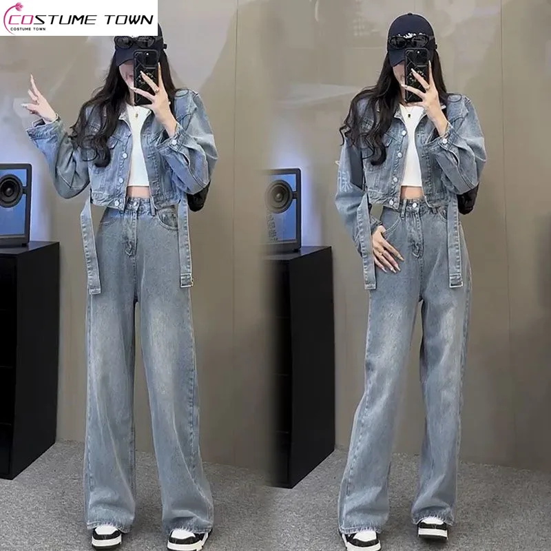 2023 Spring and Autumn New Denim Set Women's Korean Version Temperament Slim Casual Coat Straight Trouser Two Piece Set Fashion