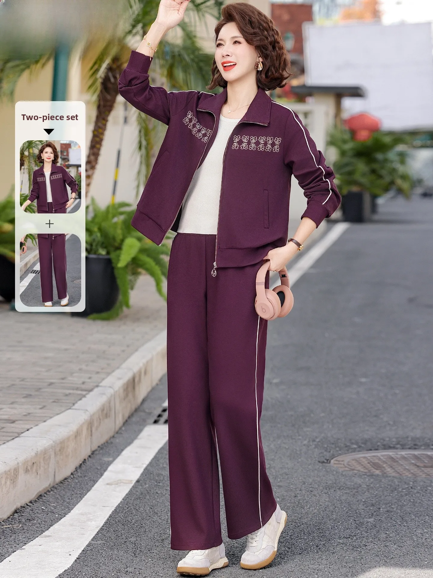 

Повседневный спортивный костюм для молодых мам: модный комплект для женщин среднего возраста с длинным рукавом, топ и брюки в корейском стиле на молнии