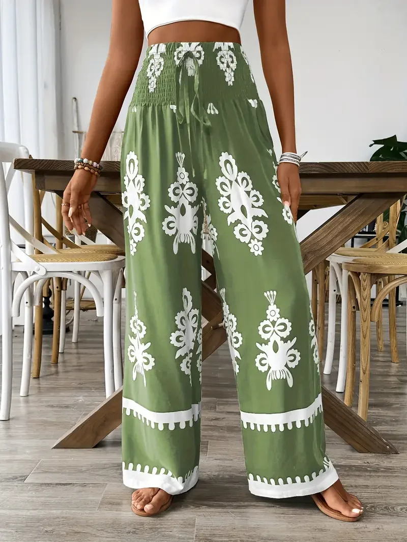 

Большие размеры 1XL-5XL, женские модные широкие брюки, женские повседневные элегантные свободные длинные брюки с высокой талией и цветочным принтом на шнурке