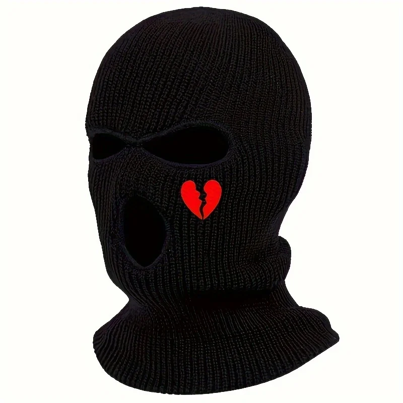 Unisex Winter Knit Hat Full Face Ski Mask Heart Embroidery Hat 3-Hole Hood, Warm Windproof Beanies Outdoor Sports Balaclava Hat