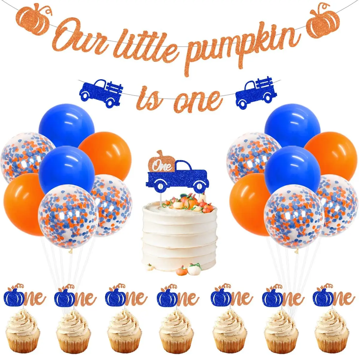 

Thanksgiving Decorations Kit for Boy, Our Little Pumpkin is 1 Banner, Glitter Truck Cake Topper, First Birthday