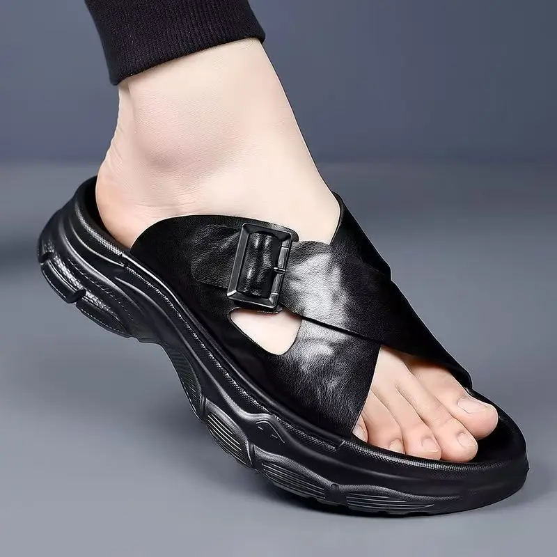 Men PU Leather One Word Beach Slippers Sandals Summer New Thick Sole Non Slip High Quality Lightweight Outdoor Casual Slippers