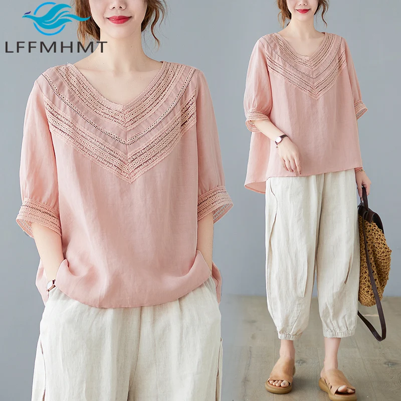 

Летняя модная креативная футболка с v-образным вырезом для женщин, однотонные простые базовые мешковатые хлопковые льняные топы