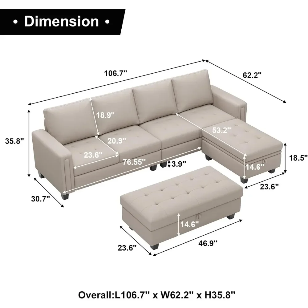 Faux Leather L Shaped Sectional Sofa Set Convertible Sectional Couch with Reversible Chaise Leather L Shape 4-seat Sectional