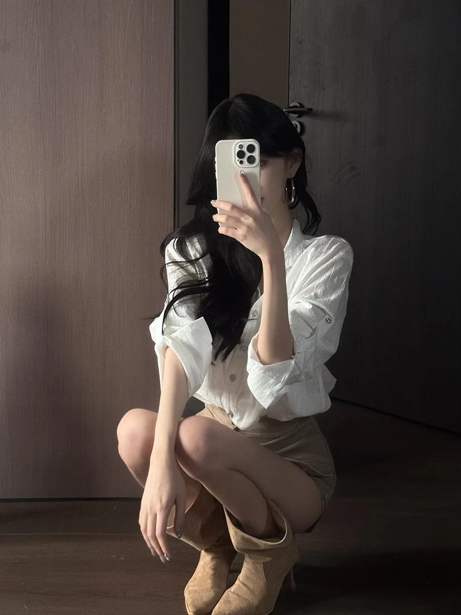 

Сексуальная белая свободная рубашка с высокой талией, стройнящая, универсальная, элегантная, для офиса, женская, с длинным рукавом, с воротником, однотонная, деловая, C...