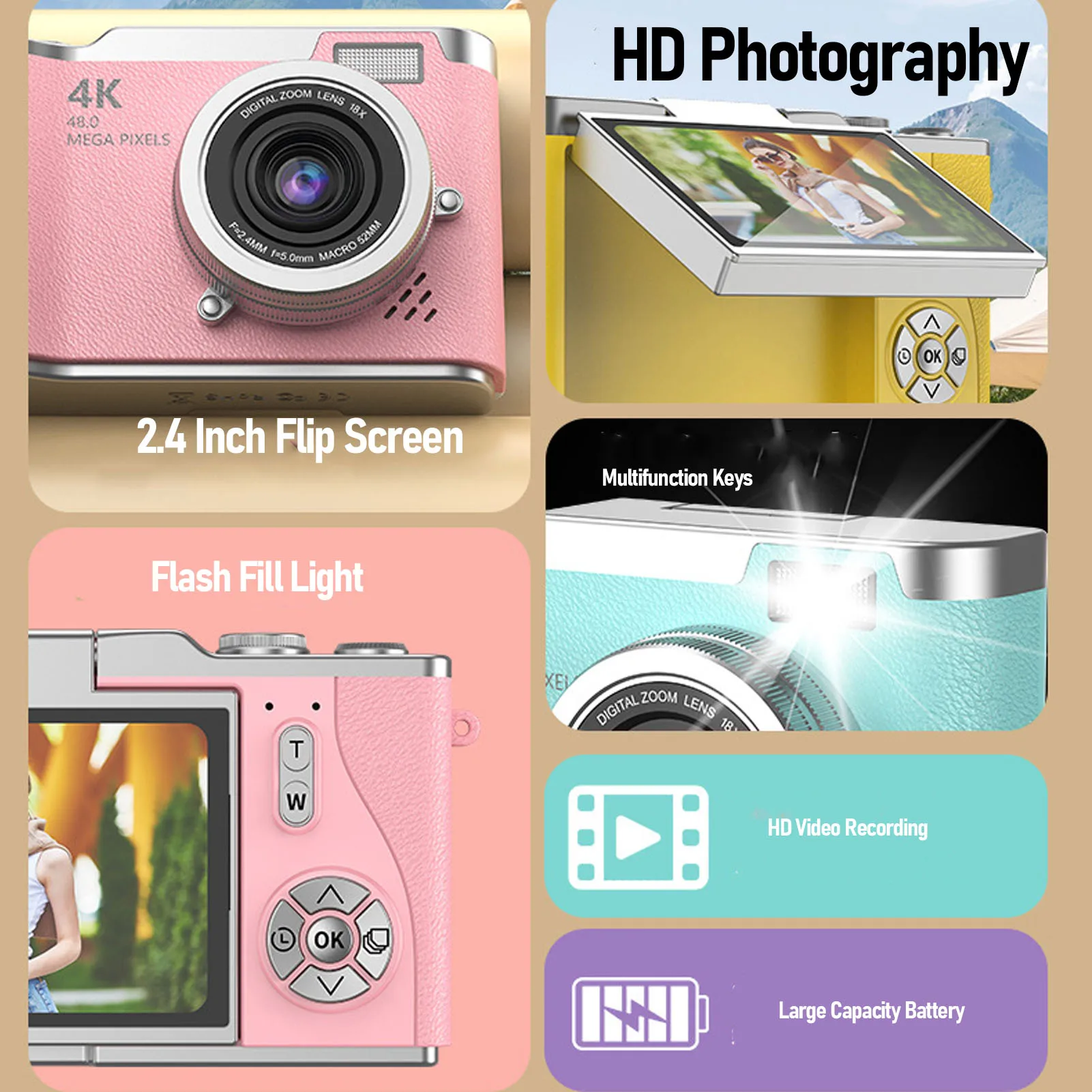Compact Camera Digital Photography Camera 1080P 48MP 2.4 Inch HD Display 18X Electronic Zoom Video Camera 1080P Digital Camera