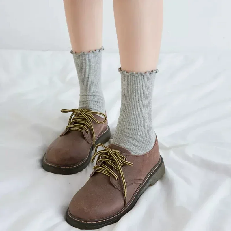 

1 Pair Women's Lace Trim Ruffle Socks Cotton Stacked Socks Mid Calf Solid Color Kawaii Vintage Princess Socks Spring Autumn Thin