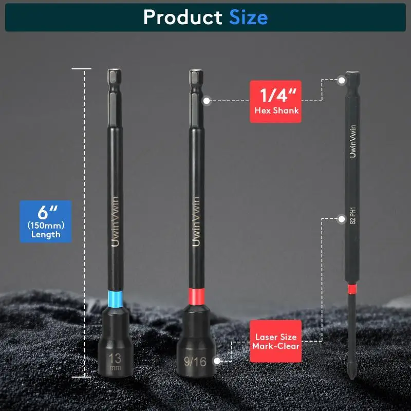 16PCS Magnetic Nut Driver Set, SAE & Metric Nut Driver Set with 6 inch Long Shank Nut Drivers for Impact Drills, 1/4" Hex Shank,