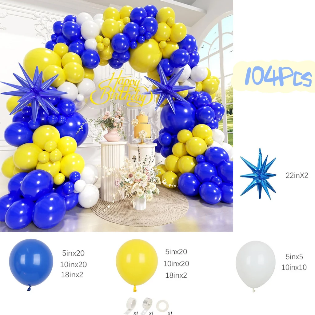 104Pcs Blue and Yellow White Balloons Arch Kit with Star Balloons for Birthday Wedding Bridal Shower Baby Shower Party Decor
