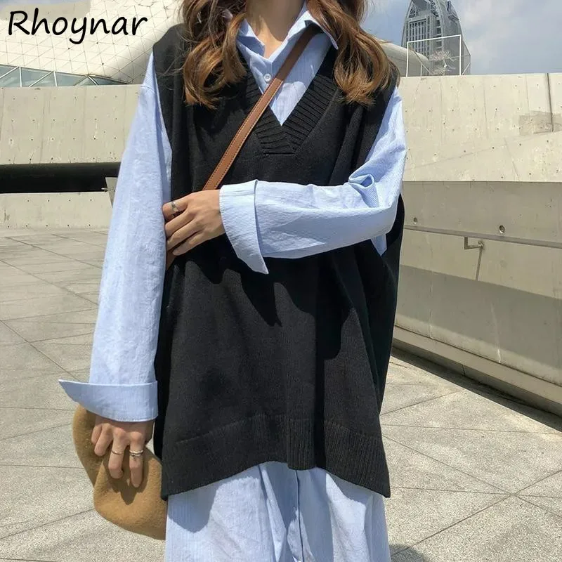 Solid Sweater Vest Women Korean Style Daily Leisure Simple All-match V-neck Baggy Side-slit Design Fashion Spring College Cozy