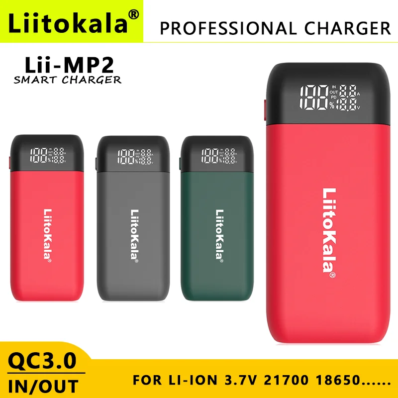 LiitoKala Lii-MP2 Lii-CH2 18650 21700 do ponownego ładowania z ładowarką i Power Bank QC3.0 cyfrowy wyświetlacz wejścia/wyjścia