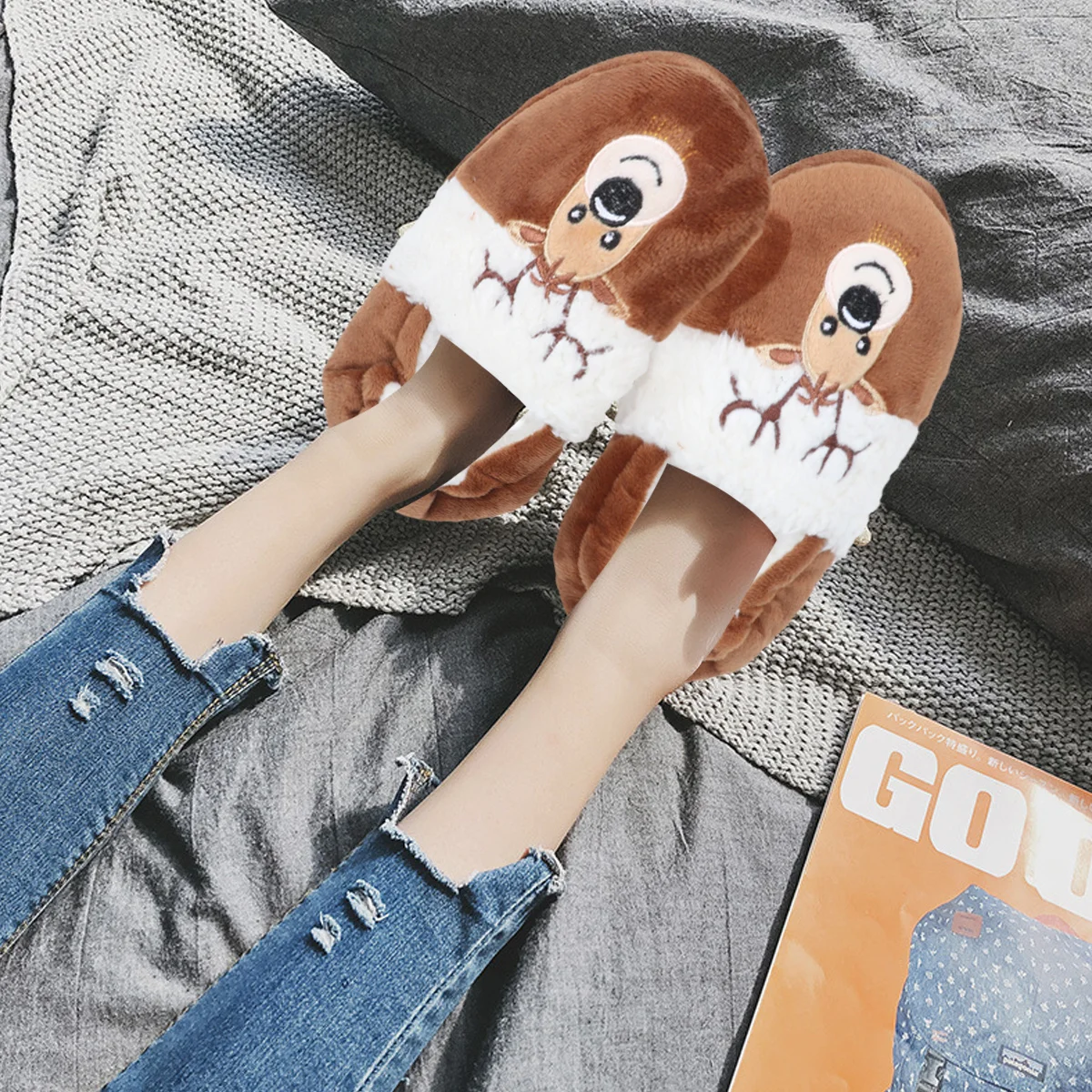 รองเท้าแตะเด็กฤดูหนาวลายกวางเรนเดียร์สีน้ำตาล ขนาด 15.5 ซม. กันลื่น ใส่ในบ้าน ทำจากผ้าฝ้าย อุ่นสบาย 1 คู่