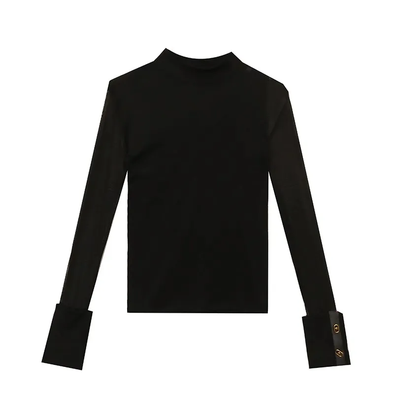 Autumn Winter Half High Collar T shirt Patchwork Long sleeved Mesh Tops Slim Fit Women Bottoming Shirt