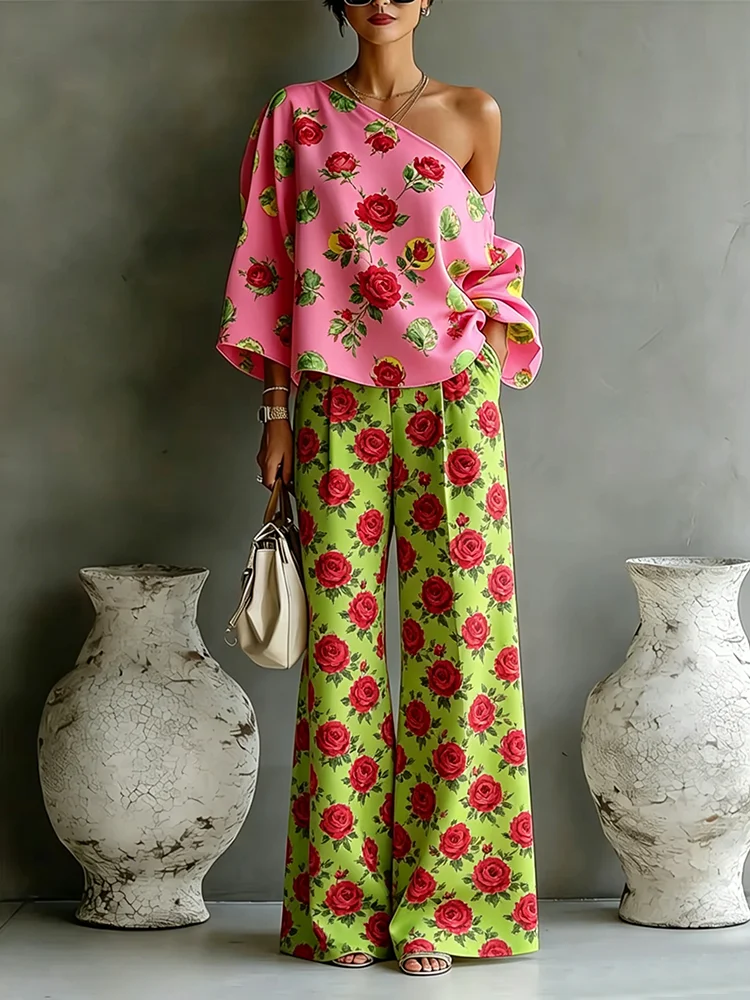 

Women's Rose Floral Print Two Piece Set Asymmetrical One Shoulder Top Wide Leg Pants Set With Pockets Elegant Vacation Outfit