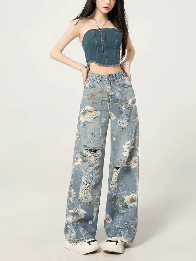 alt clothing Retro Distressed Print Wide-Leg Jeans for Women Summer 2026 New Design Loose Fit Drapey High-Waist Straight Pants