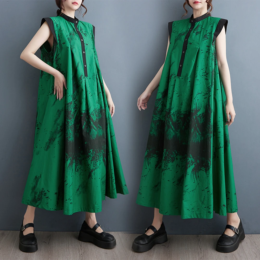 Nyfs-فستان طويل كلاسيكي للنساء ، كبير ، فضفاض ، مطبوع ، موضة بلا أكمام ، جديد ، صيفي ،