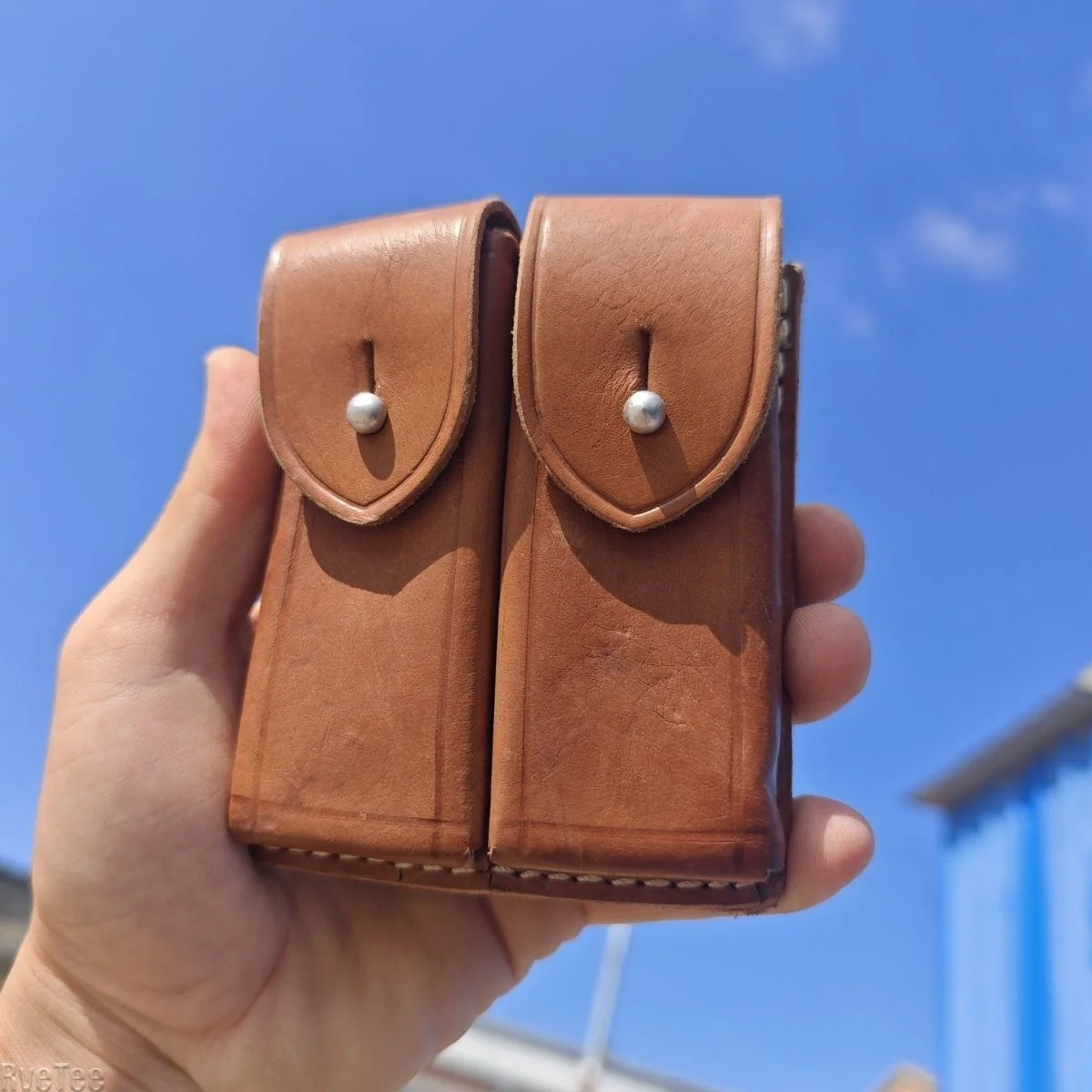 Vintage 70s Dual Compartment EDC Pouch Handmade Tool Belt Holster Double Layer Sheath for Folding Knife