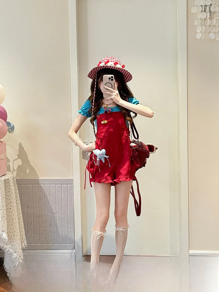 Sweet Cool Red Floral Print Bib Shorts Women's Summer Girl Anti-Aging Dopamine Cotton Pants Short Length Decorative Stitch
