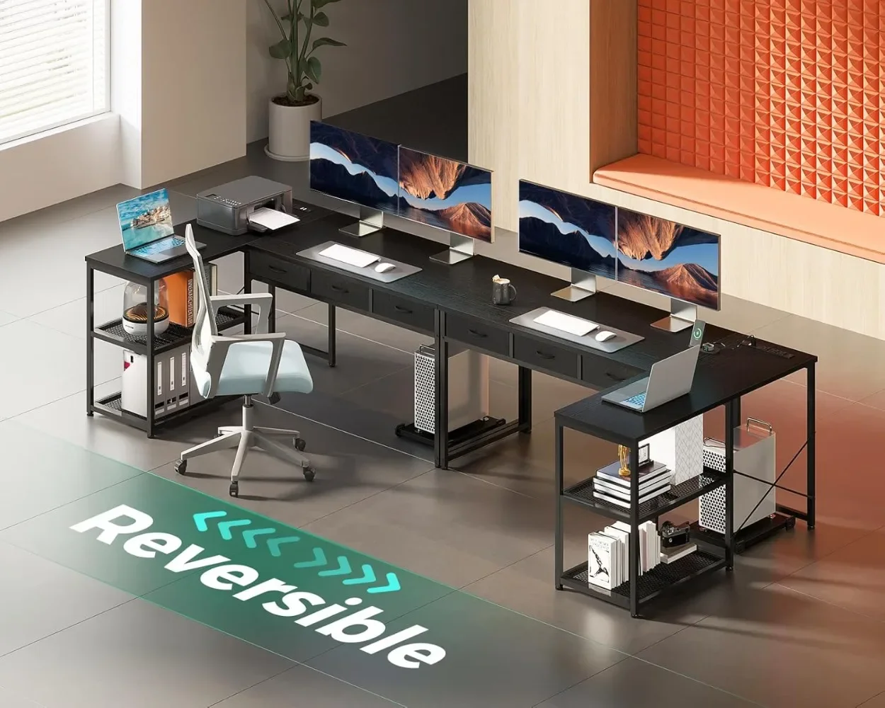 53 Inch L Shaped Computer Desk with Drawers,Corner Desk with Power Outlets & Reversible Storage Shelves, Movable CPU Stand,Black