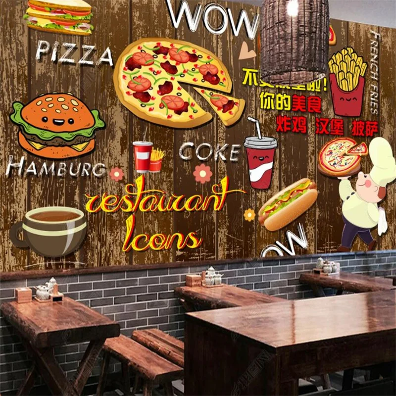 

Hand Painted Western Restaurant Pizza Hamburger Hot Dog Custom Mural Wallpaper Fast Food Shop Industrial Decor Wall Paper