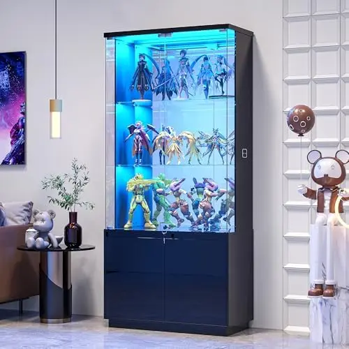 71" Tall Glass Display Cabinet - with LED Lights & Human Sensor, Locking Curio Cabinet with Adjustable Shelves, Modern view 3