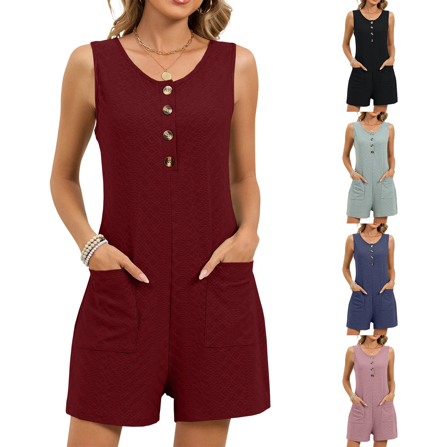 

Women's Rompers Playsuits Round Neck Single Button Short Jumpsuits Overalls Pockets Sleeveless Strap Suspender Shorts Pants