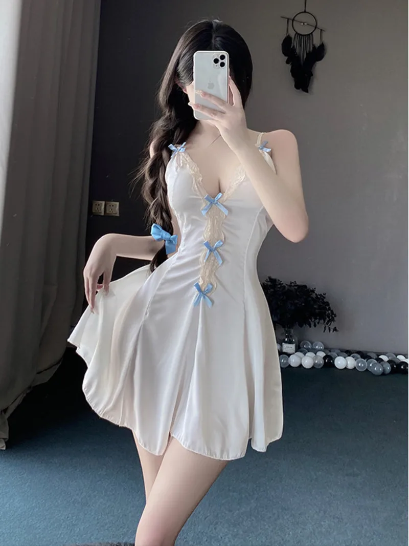 Exotic Summer Fashion Korean Edition Sweet and Cute Girl Style Lace Fresh Hanging Strap Off Back Bow Sticker Elegant Dress LS12