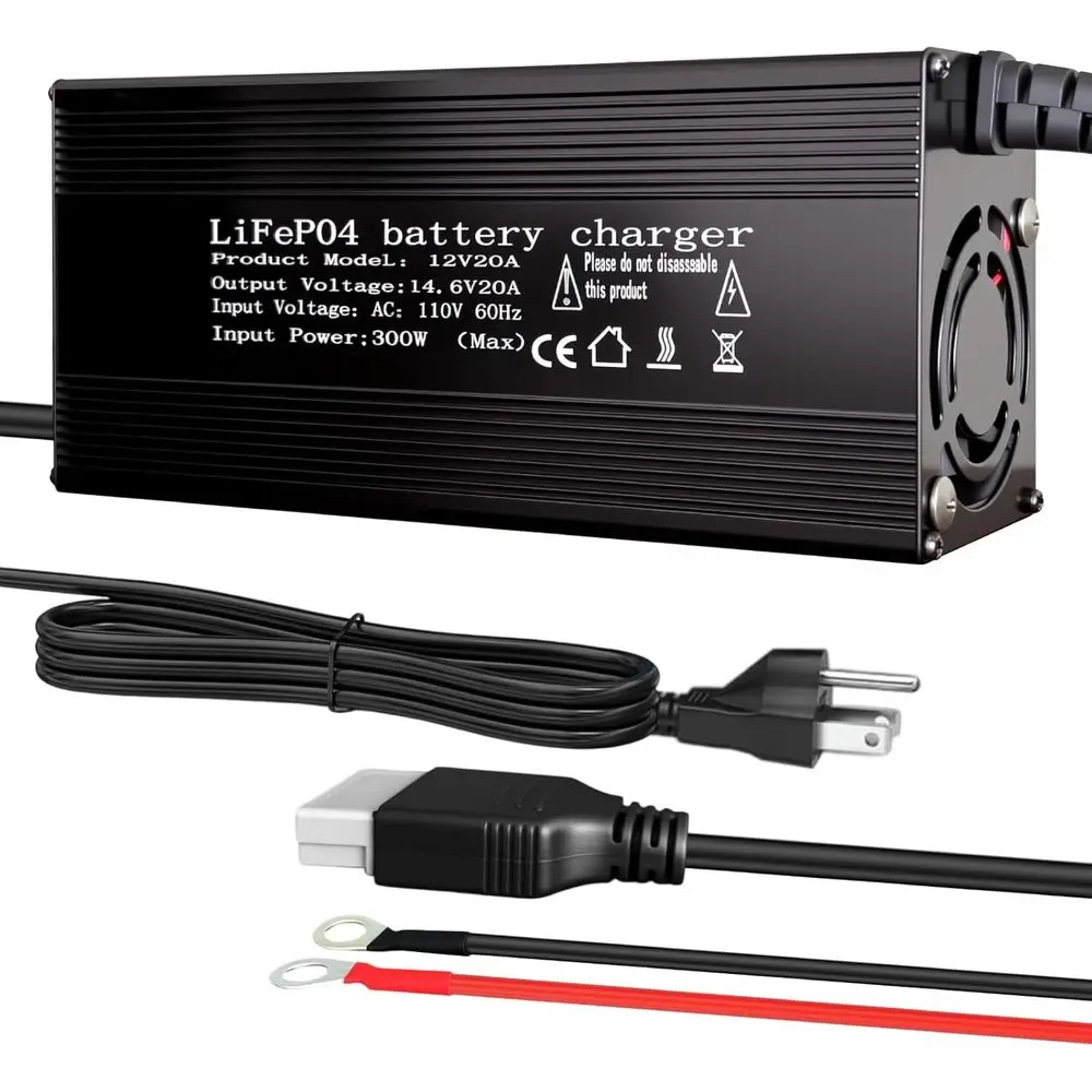 

12V 20A Lithium Battery Charger 14.6V LiFePO4 Battery Charger, AC-DC Smart Charger with Anderson Connector LED Indicator, Built-