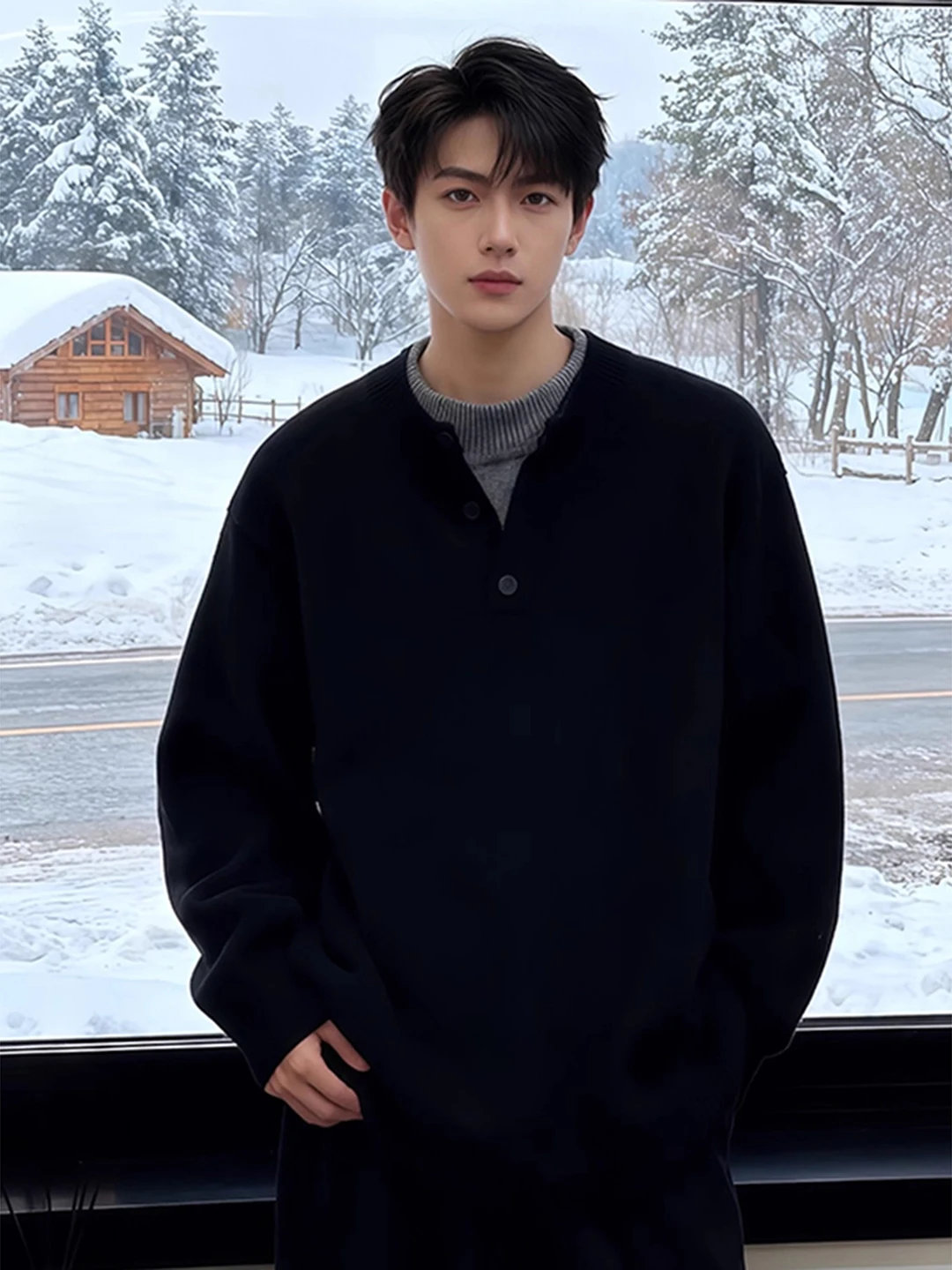 

Men's Thiened Fce Lined Knitted Sweater Bla Henry Collar Casual Sle Inner Wear Base irt Winter Warm Comfortable Lo...