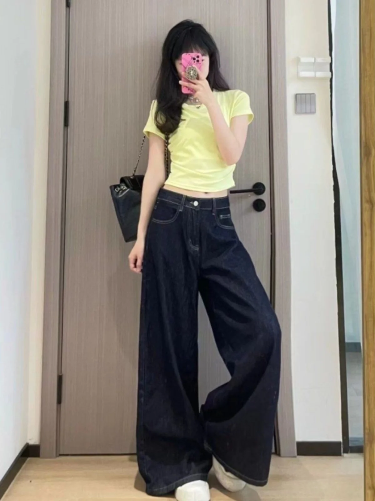 ハイウエストワイドレッグアメリカンレトロルーズジーンズレディース秋スレドレープゆったりルーズ感ストレートレッグパンツ