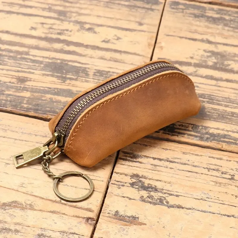 Vintage Genuine Leather Coin Purse for Women Men Credit Card Holder & Key Pouch Small Organizer Pouch Retro Zipper Clutch Wallet