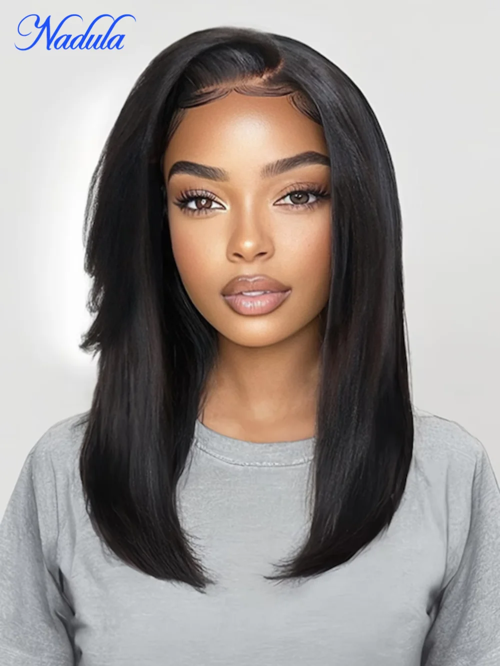 

Nadula Bye-Bye Knots 7x5 Lace Yaki Straight Invisi Drawstring Wig With Side Bangs Put On and Go Glueless Lace Human Hair Wig