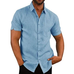 2024 new Cotton Linen Hot Sale Men's Short-Sleeved Shirts Summer Solid Color Turn-down collar Casual Beach Style Plus Size