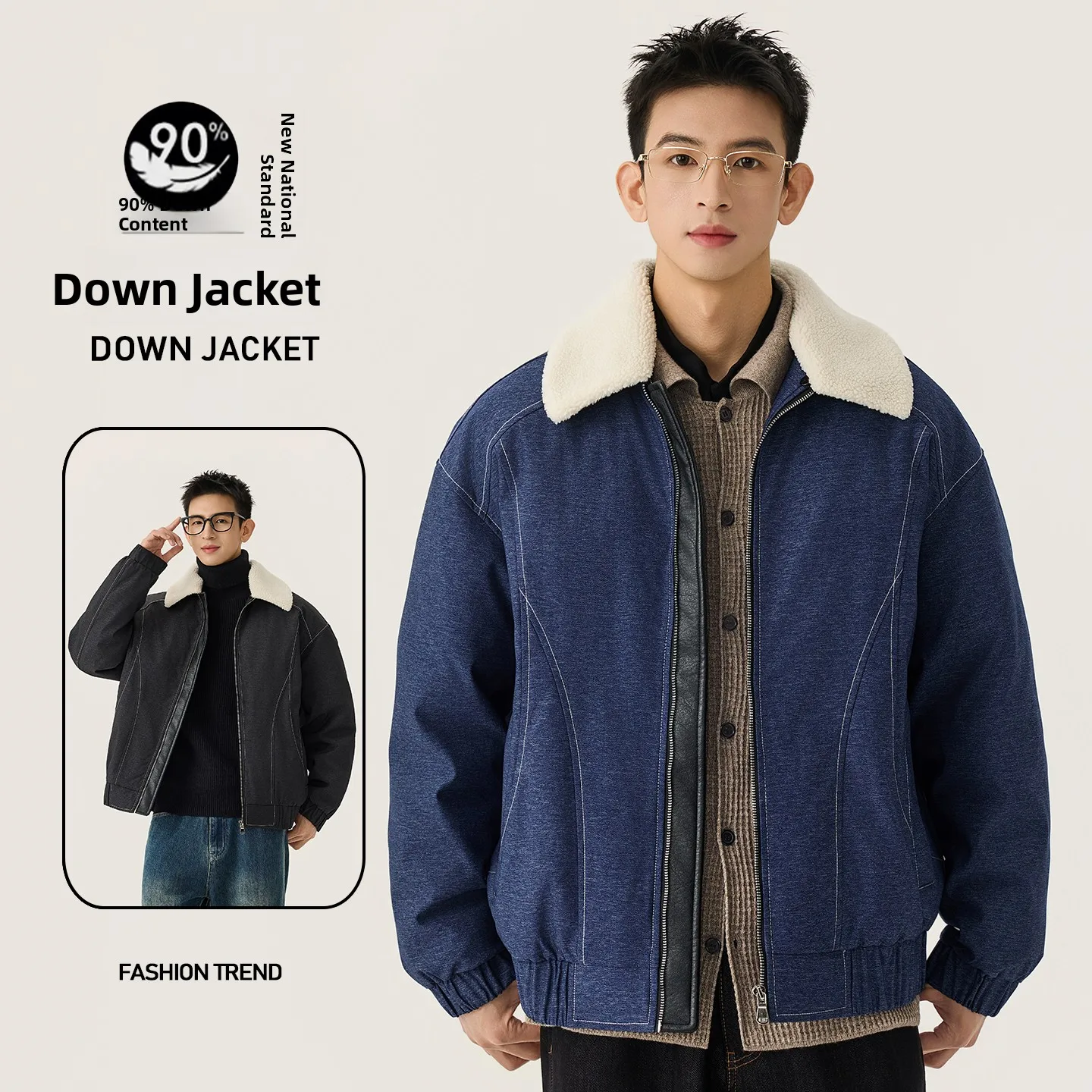 

Men's ort Parka Jaet 90 Du down Removable Lamb Fur Collar Zipper Closure Casual Sle Thiened Winter Coat for Ci Use