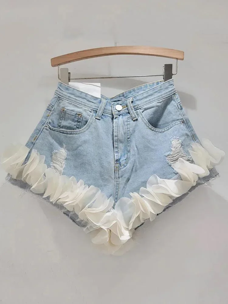 Beautiful Denim Shorts New Fashion High Waist Wide Leg Patchwork Petal A-line Pants For Women 2024 Spring Summer X855