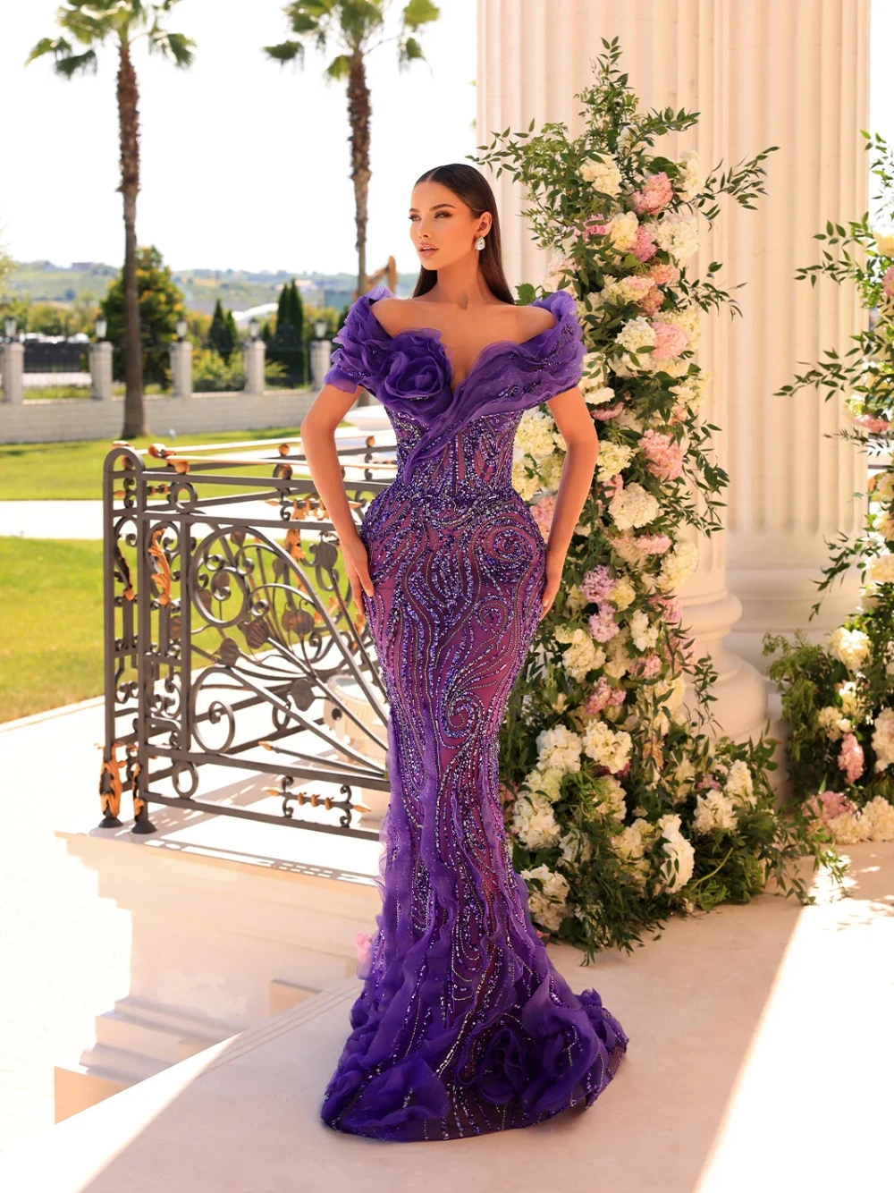 

Dark Purple Romantic Ruffles Evening Dress Beaded Off-the-shoulder Intricate Mermaid Customized Cocktail Gown New Arrival