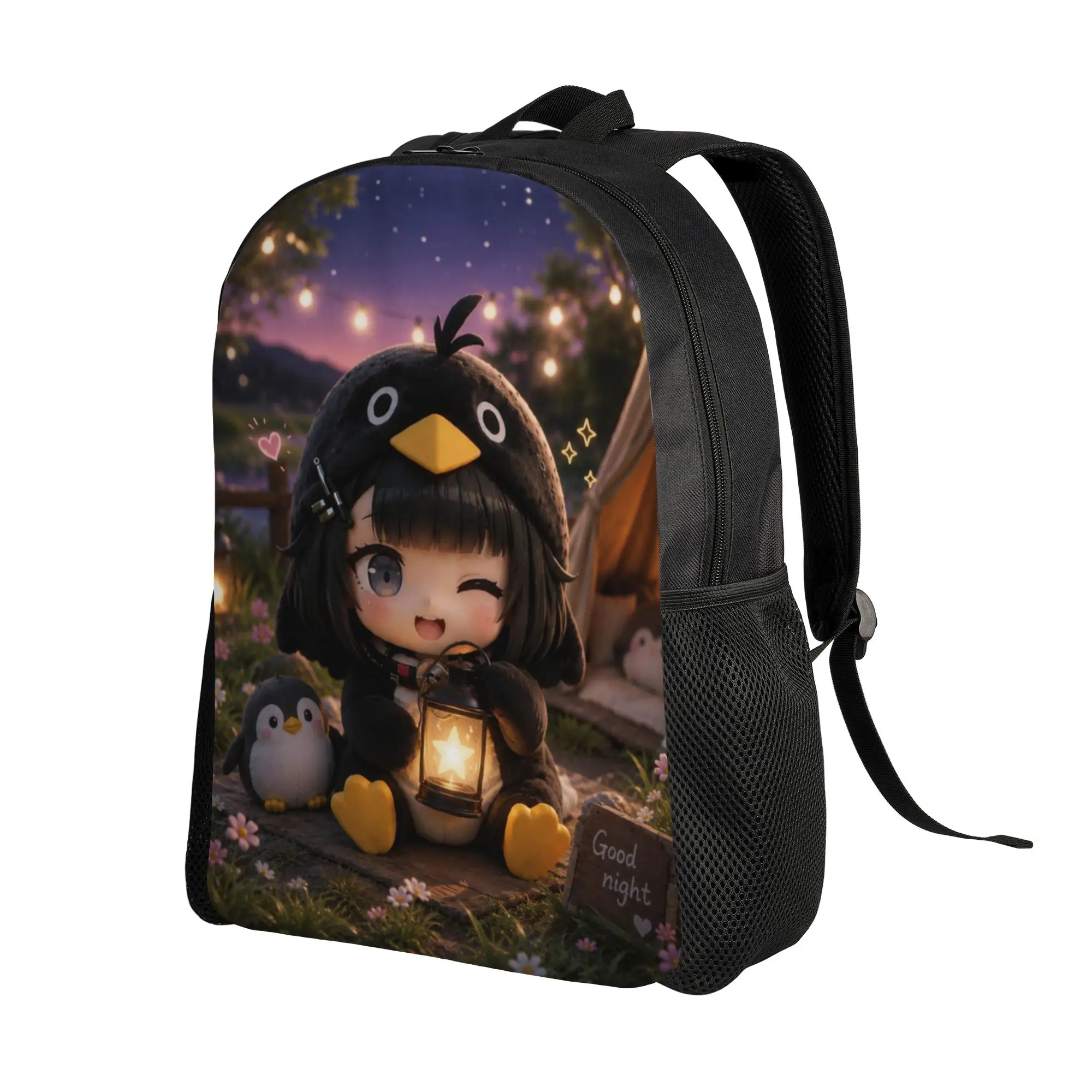 Book Pack Back to school season Night Camping Lantern Little Penguin Twin Girl Cozy Aesthetic Graphic Gugugaga   Solid Backpack