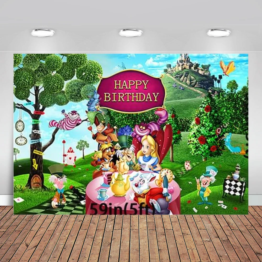 

Alice Backdrop for Birthday Party Supplies Afternoon Tea Photo Backgrounds Alice in Wonderland Theme Baby Shower Banner