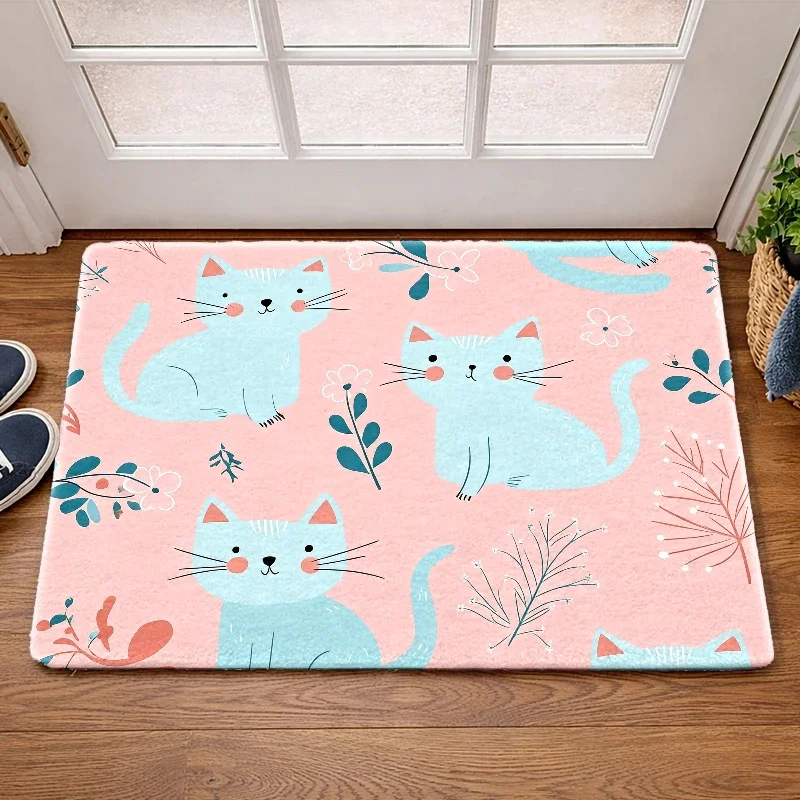 Retro Mid Century Black Cat Doormat Green Stripe Bow Vintage Cartoon Cat Indoor Entrance Rug