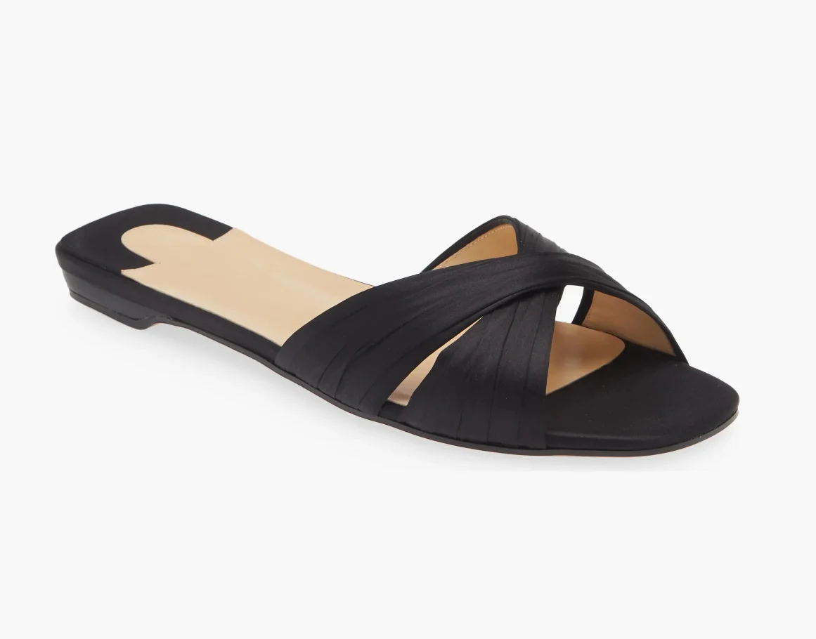 

Black Silk Satin Crisscrossed Precisely To Flatter The Foot Low-Heel Back Slide Sandal (Women)