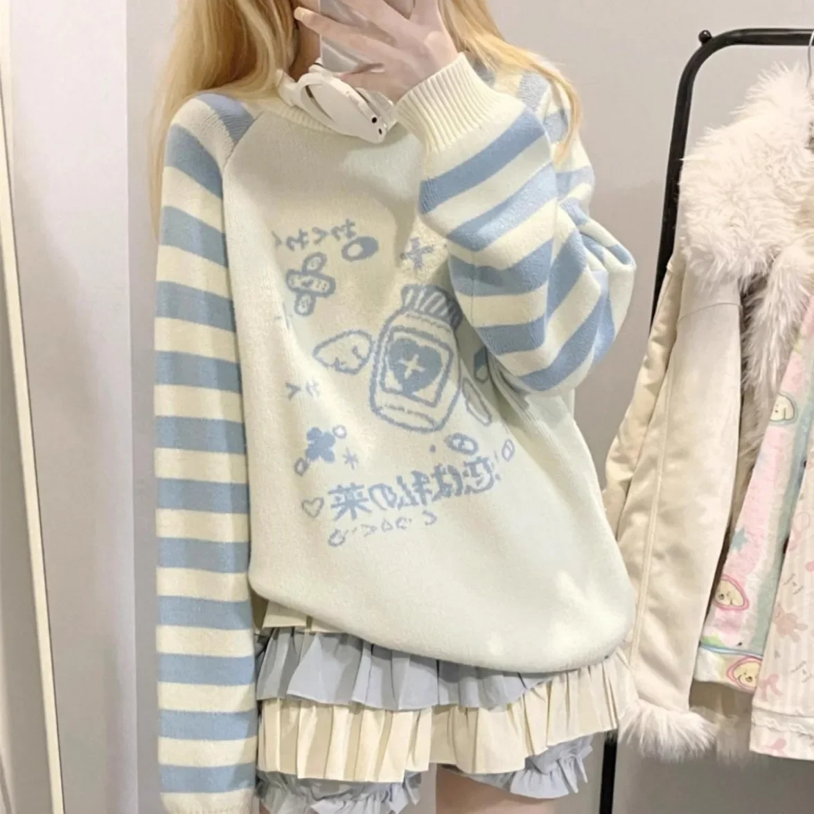 Stripe Zipper Second Dimension Y2k Cultural Women's Long Sleeve Sweater Round Neck Autumn/winter New Knitted Top